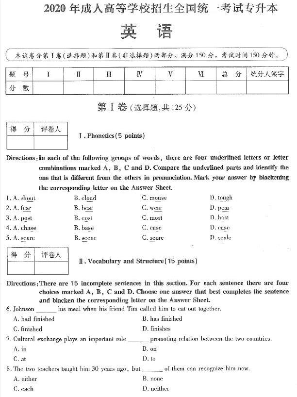 2020年广东成人高考专升本《英语》真题及答案解析